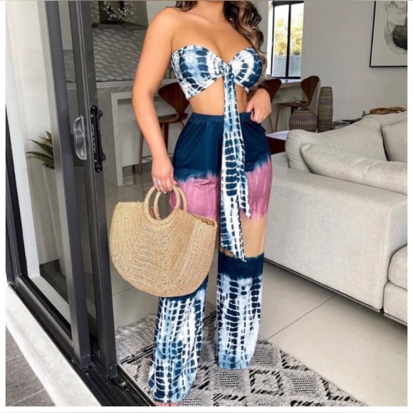 Multicolor Tie Dye Tie Front Crop Top and Wide Leg Palazzo Pants Set Size Large - Picture 3 of 9